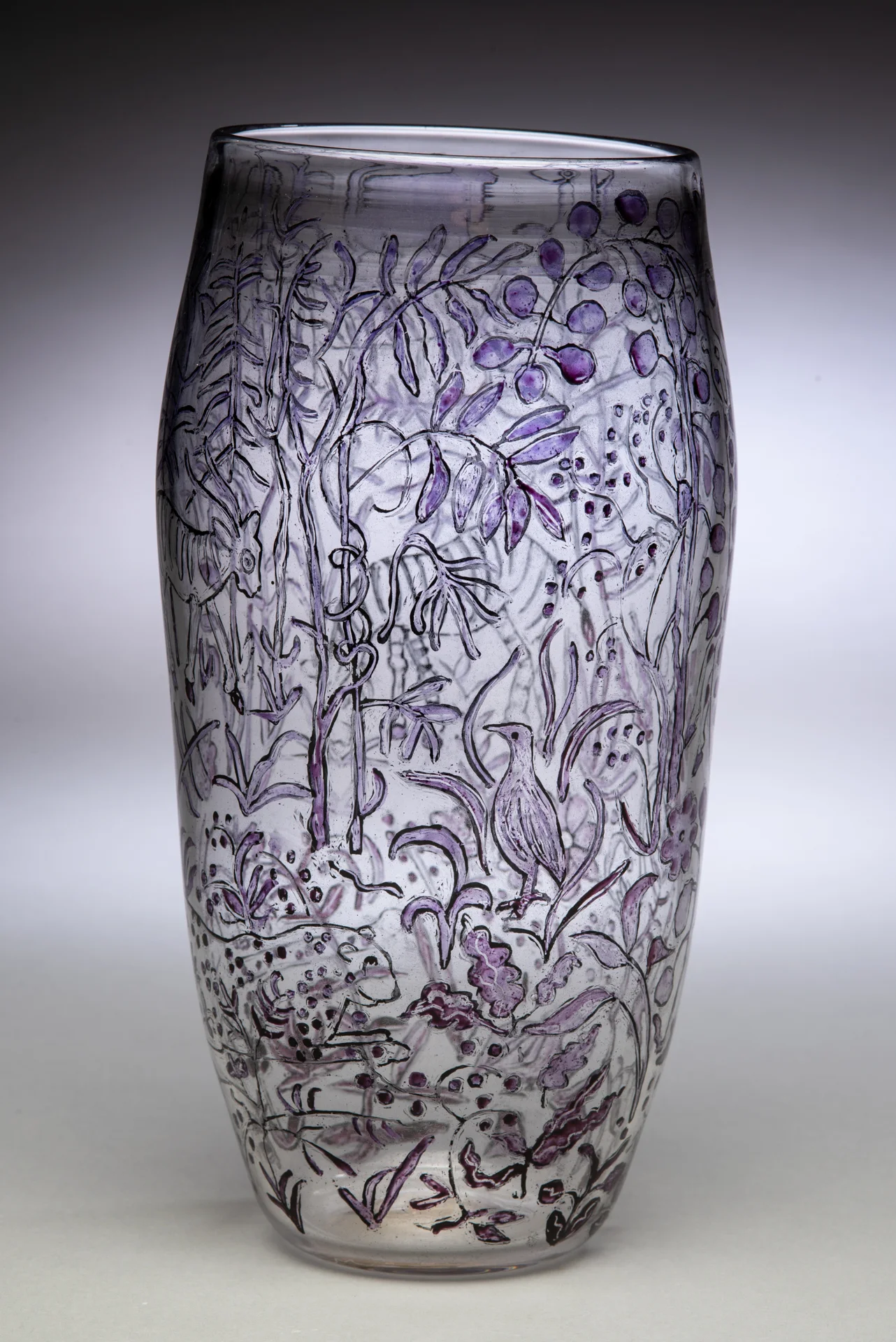 How the Leopard Got It's Spots (Prey in the Garden series), 2018, Vitreous enamels reverse painted on blown glass vessel, 10"tall (side 1)