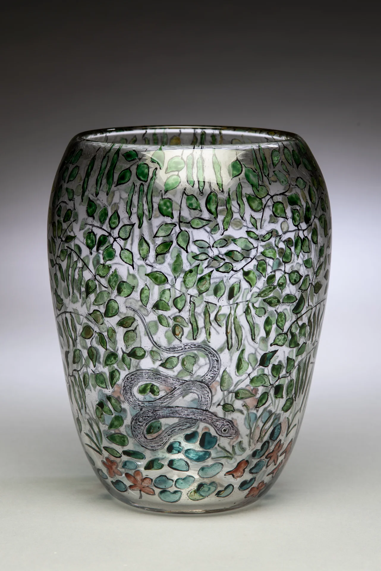 In the Green Beans (Prey in the Garden series), 2018, Vitreous enamels reverse painted on blown glass vessel, 8"tall (side 1)