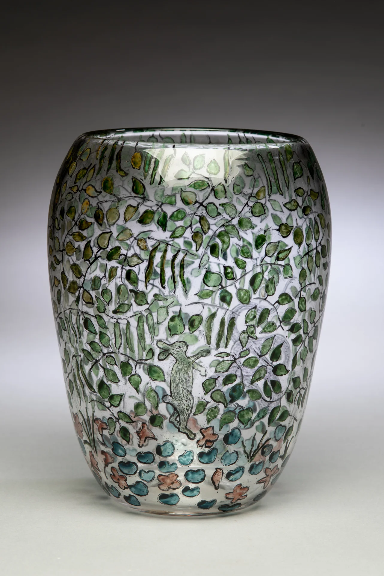 In the Green Beans (Prey in the Garden series), 2018, Vitreous enamels reverse painted on blown glass vessel, 8"tall (side 2)