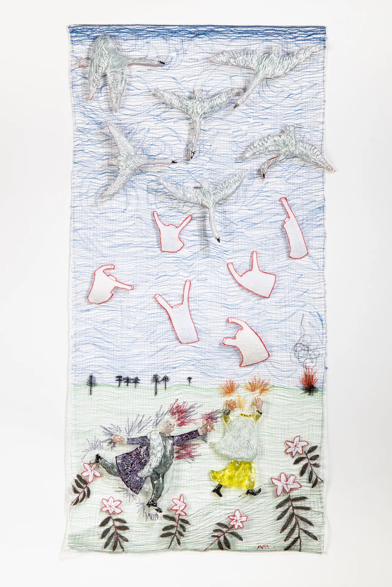 Shirts for Swans, 2019, Cast, cut and painted glass shapes mounted above panel of sewn thread and appliqué, 23x45"