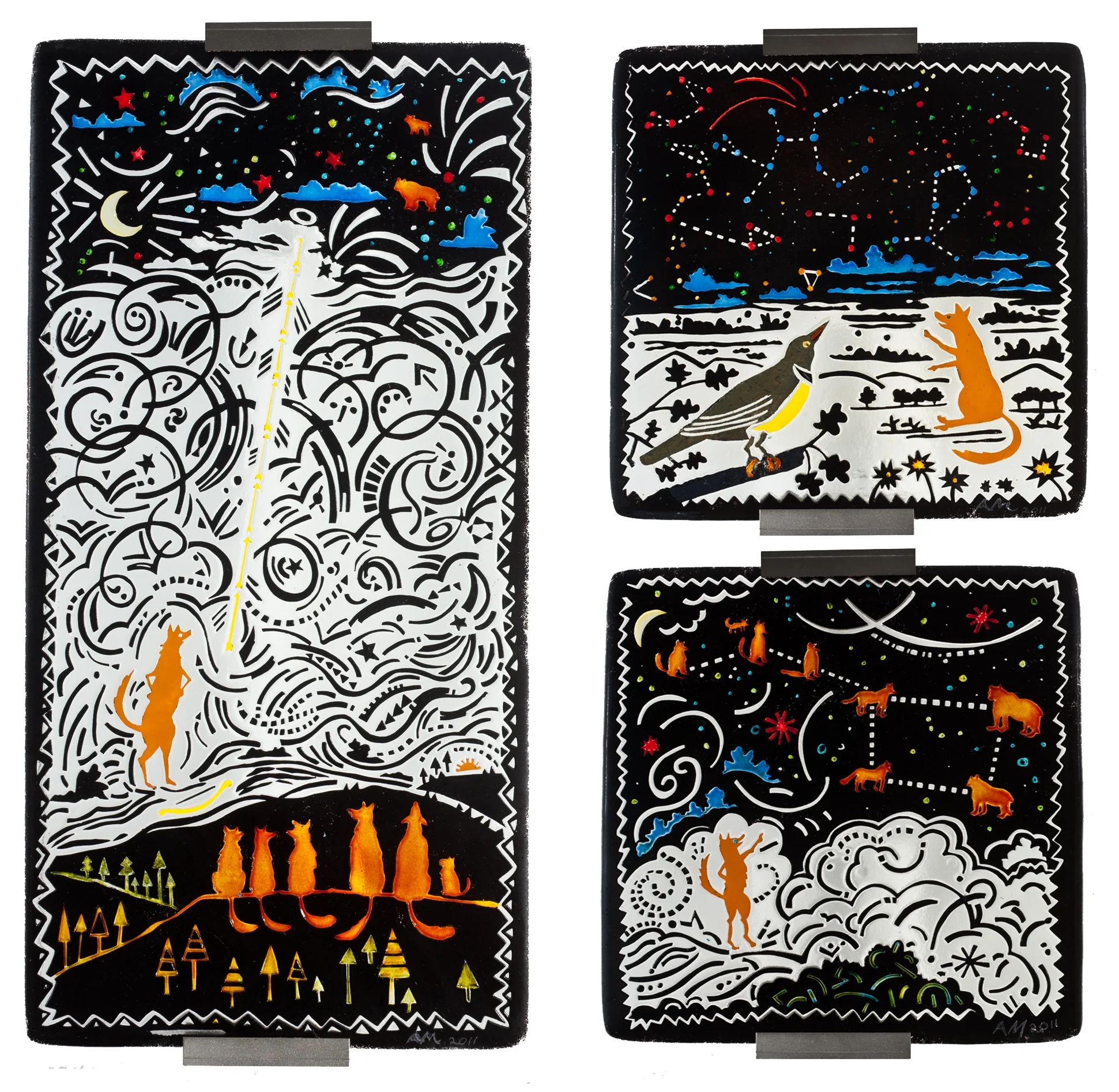 Fox Arranges the Stars, 2011, Three panels fused, sandblasted and painted, Two panels are 12"x12", Middle panel is 12"x24"