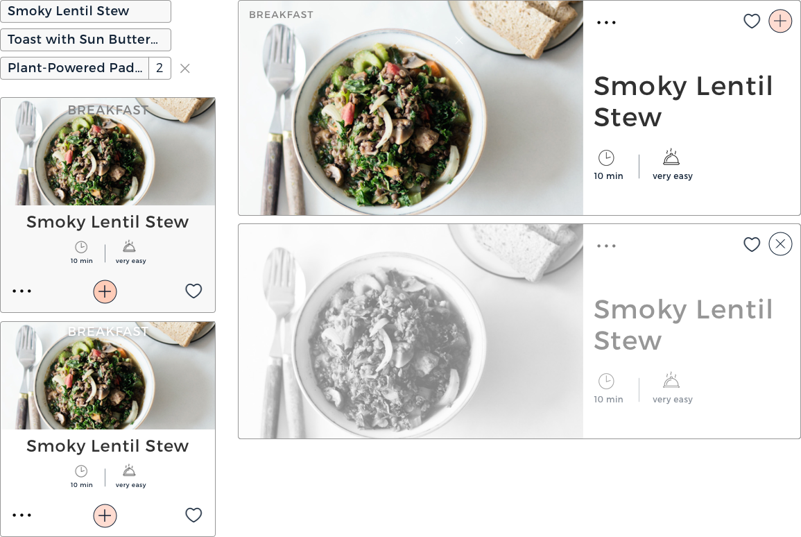 A working sketch outlining consistent recipe card language across use-cases and flows, incorporating both existing and proposed design elements
