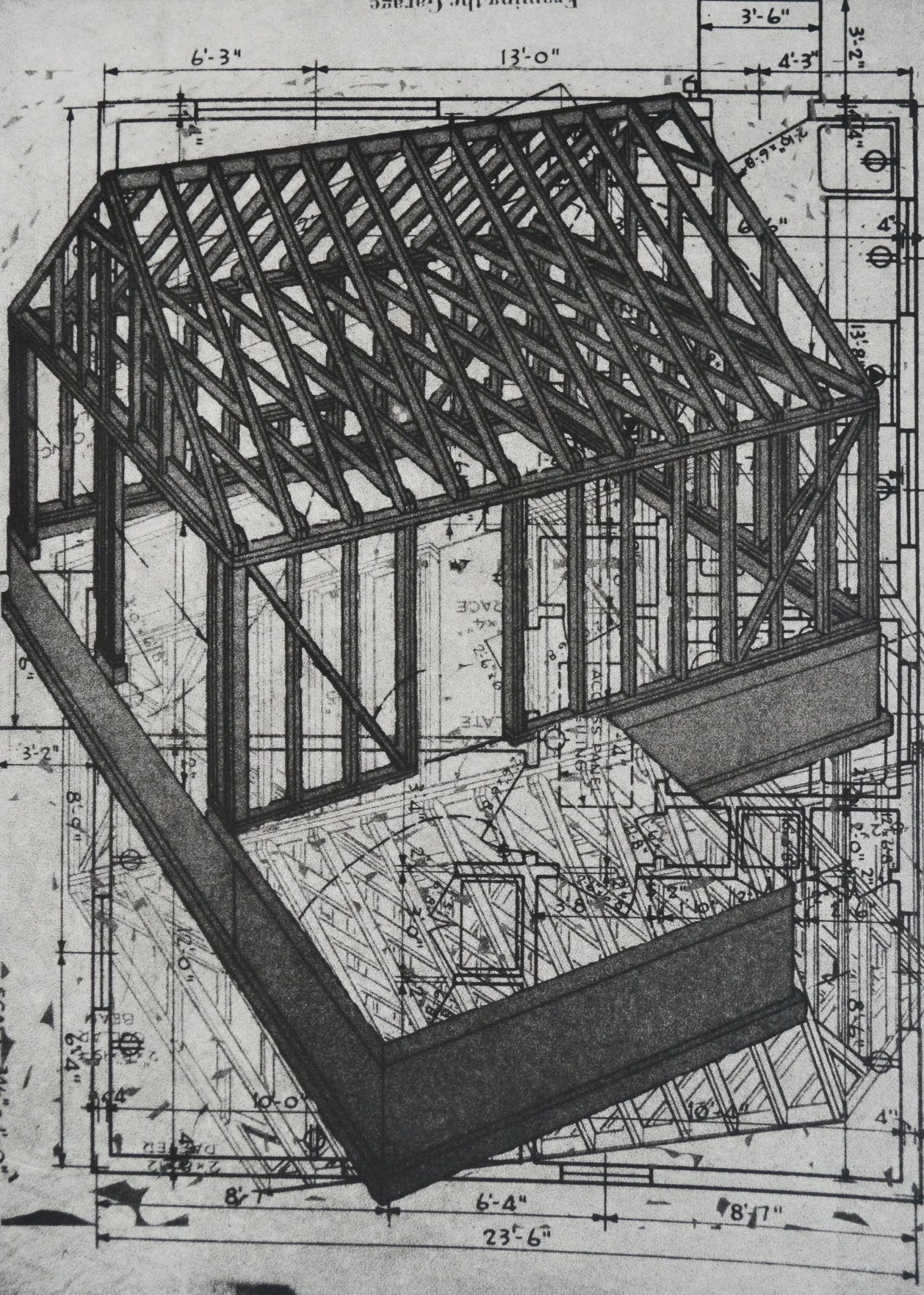 Framing the Garage, 14 x 9.75", polymer plate, 2014