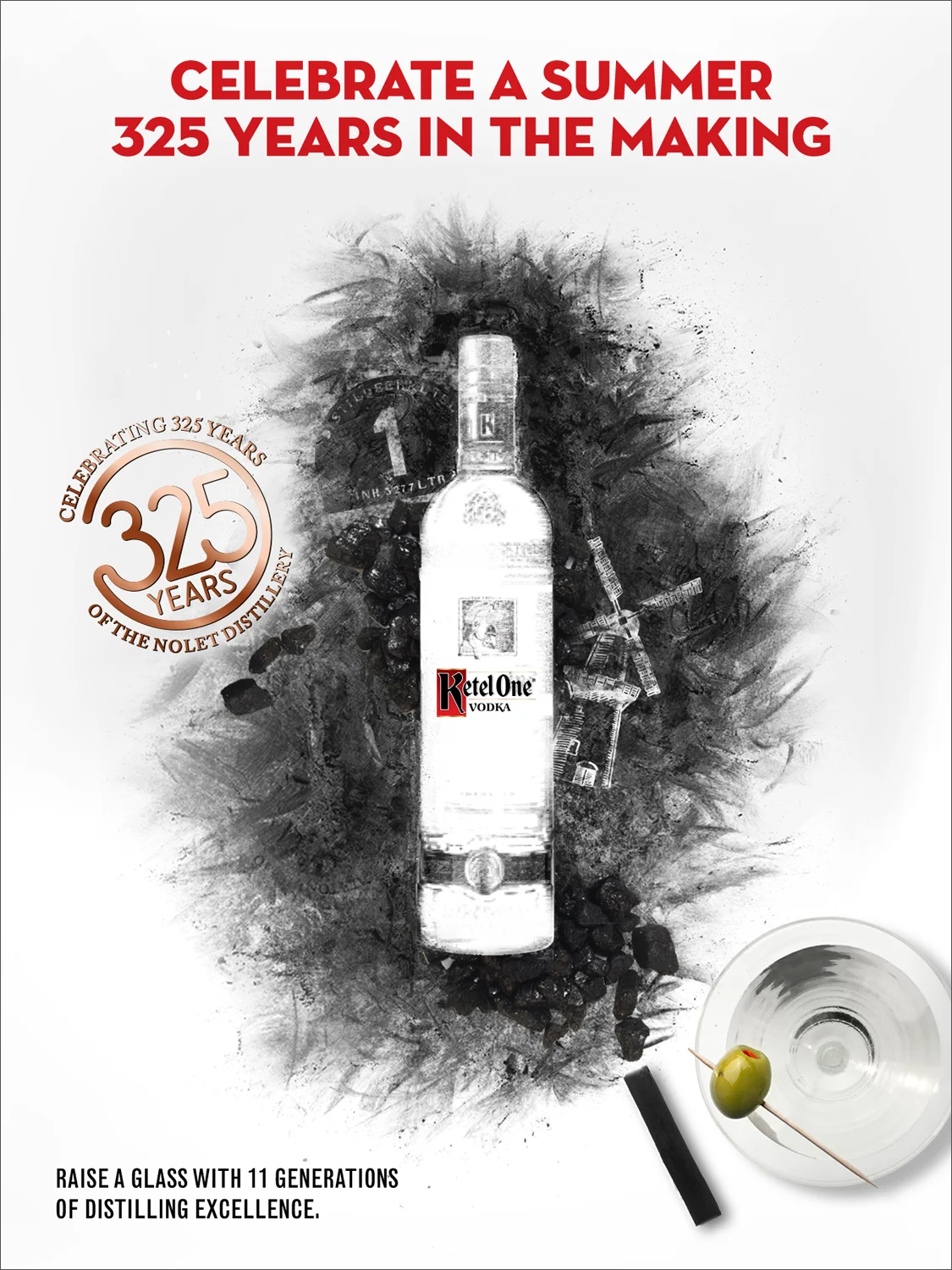 Conceptual hero creative for the 325th year Anniversary, celebrates specific elements of the brand through the use of charcoal (which is essential in the making of Ketel One Vodka).