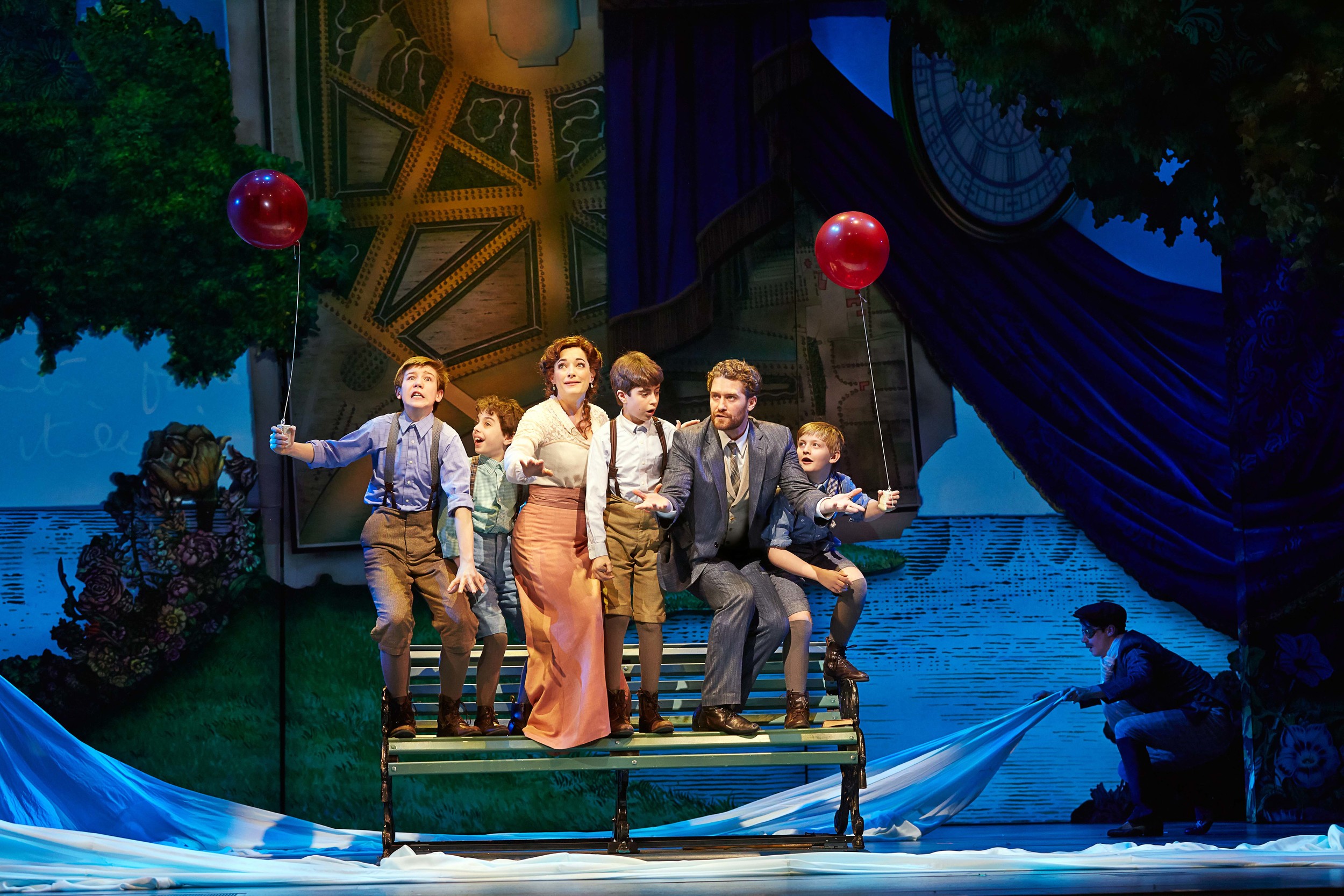 Finding Neverland (c)Carol Rosegg (L-R) Sawyer Nunes, Alex Dreier, Laura Michelle Kelly, Aidan Gemme, Matthew Morrison, Christopher Paul Richards