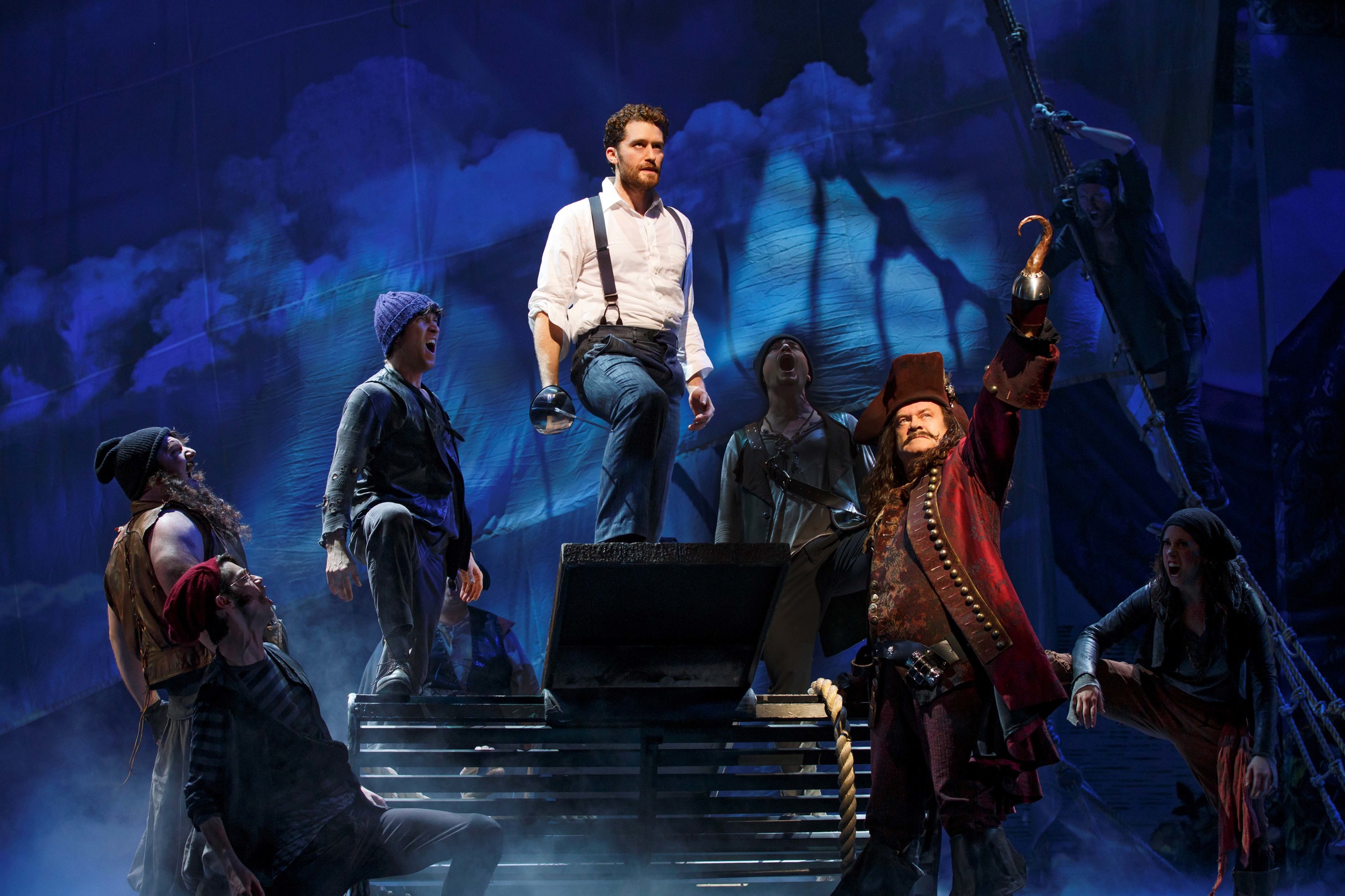 Finding Neverland (c)Carol Rosegg Matthew Morrison (center) and Kelsey Grammer (Captain Hook, front right) with the ensemble of Finding Neverland