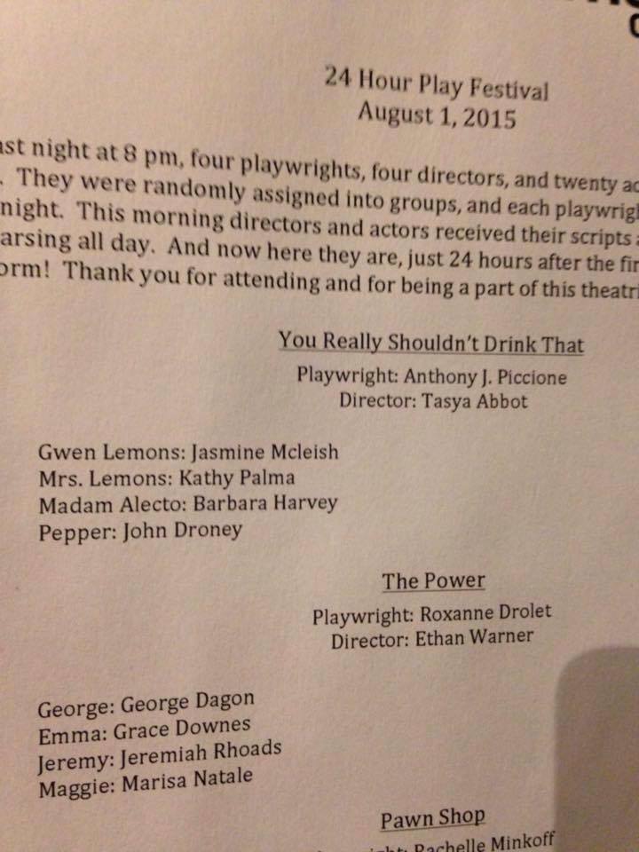 Program for the 24 Hour Play Festival at Playhouse on Park in August 2015