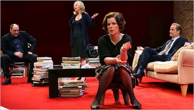 Marcia Gay Harden, Hope Davis, Jeff Daniels (with a bottle of rum) and James Gandolfini in "God of Carnage" on Broadway in 2009.
