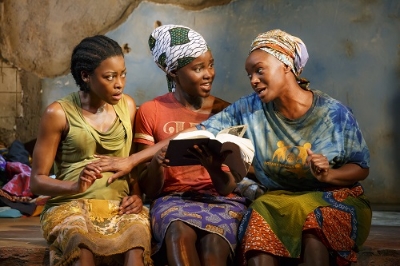(L-R). Pascale Armand, Lupita Nyong'o, and Saycon Sengbloh in a scene from Danai Gurira's "Eclipsed", directed by Liesl Tommy. (Photo by Joan Marcus)