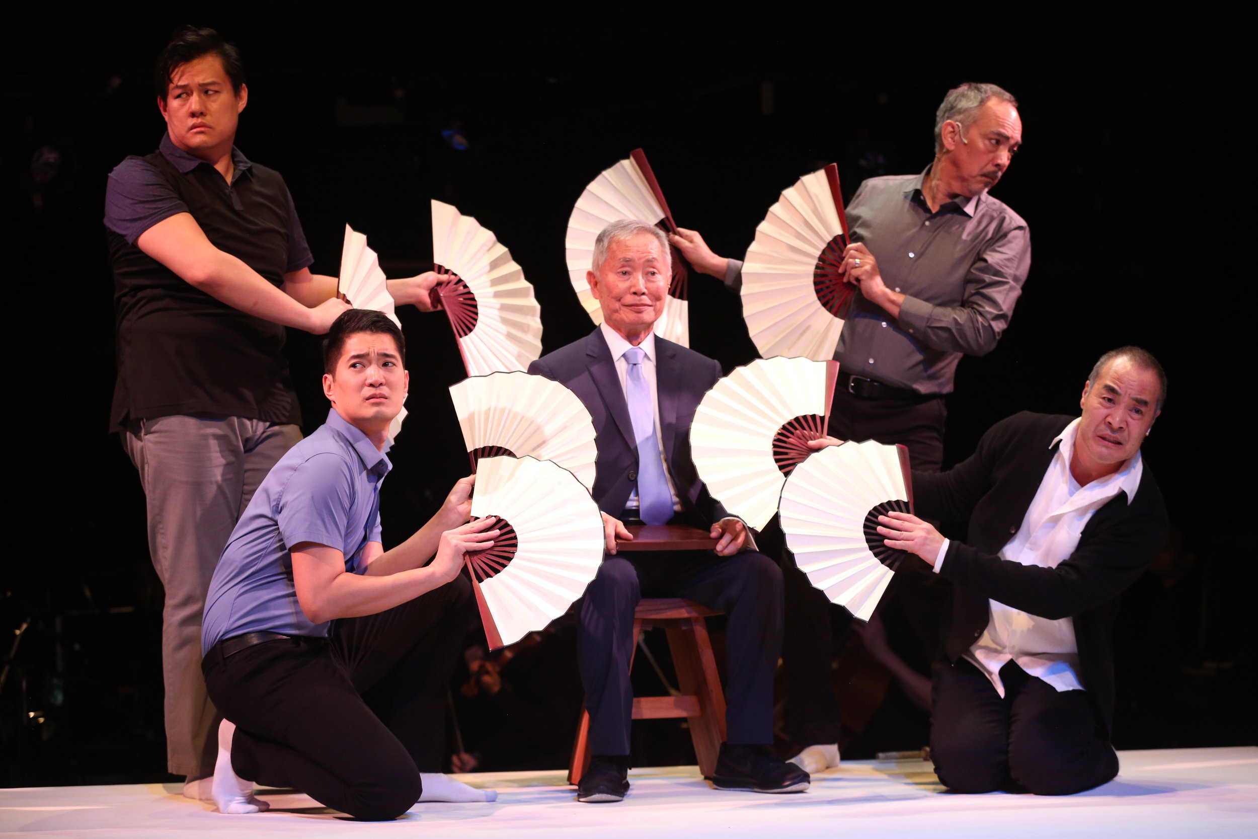 Kelvin Moon Loh, Austin Ku, George Takei, Marc Oka and Thom Sesma in Pacific Overtures (photo by Joan Marcus)