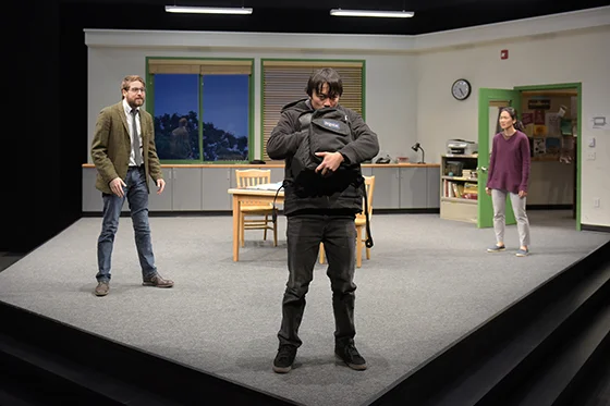 (l to r) Jeremy Kahn (David), Daniel Chung (Dennis), and Jackie Chung (Gina) in Julia Cho’s “Office Hour,” directed by Lisa Peterson. A co-production with Long Wharf Theatre. Photo courtesy of Kevin Berne/Berkeley Repertory Theatre