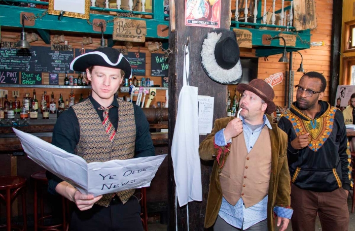 Sing a few bars: Actors James Scheider, Mark Montague, and Charles Ouda play 18th century townsfolk in “Impossible but True,” a musical adaptation of the Rip Van Winkle tale playing at the Franklin820 bar. (Caleb Caldwell)