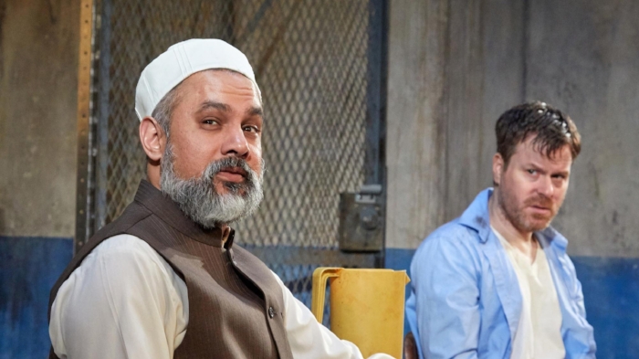 Rajesh Bose (left) and Eric Bryant in the hostage drama "The Invisible Hand" at TheaterWorks through June 23. (Lanny Nagler)