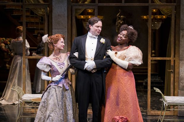 From left: Jonelle Gunderson as Mrs. Margaret Marchmont, Brad Hodder as Lord Arthur Goring and Déjah Dixon-Green as Lady Olivia Basildon in An Ideal Husband. (Emily Cooper)