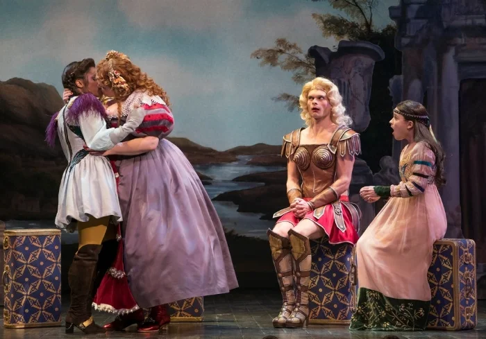 From left, Taylor Iman Jones, Bonnie Milligan, Andrew Durand and Alexandra Socha in “Head Over Heels,” (Sarah Kruwich/NY Times)