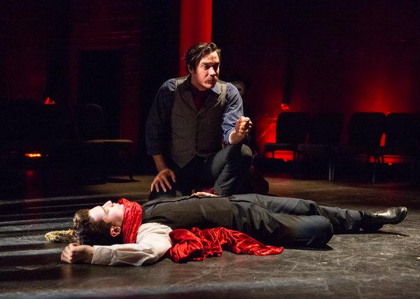 Colt W. Keeney, kneeling, and JD Martin in “The Brutes” at the New Ohio Theatre in Manhattan.CreditCreditCaitlin Ochs for The New York Times