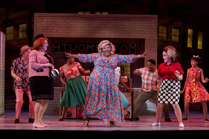 Edna Turnblad (Nick DeSantis), Motormouth Maybelle (Shaunyce Omar), and Tracy Turnblad (Callie Williams). Photo by Tracy Martin for Village Theatre.