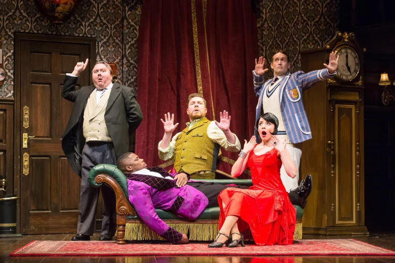 The company of the national tour of “The Play That Goes Wrong.” Written by Henry Lewis, Jonathan Sayer and Henry Shields and directed by Mark Bell, “The Play That Goes Wrong” presented by Center Theatre Group at the Ahmanson Theatre July 9 through August 11, 2019. Photo by Jeremy Daniel