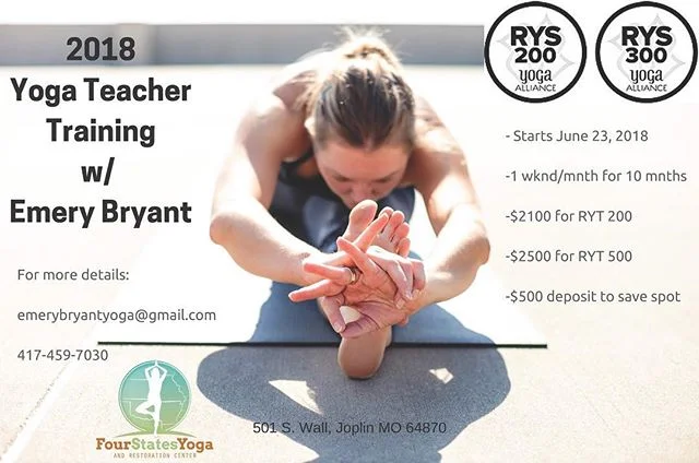 #yogateachertraining 2018 🧘&zwj;♀️🧘&zwj;♂️@4statesyoga_joplin kicks off in 3️⃣weeks! Comment below to receive an Information Packet.
