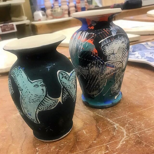 Bisque. Trying out my new custom @isla_transfers with underglaze on bisque instead of greenware. My trial on greenware was definitely much smoother, but the distressing might work for me here. I didn&rsquo;t throw these vases...but it was the only bi