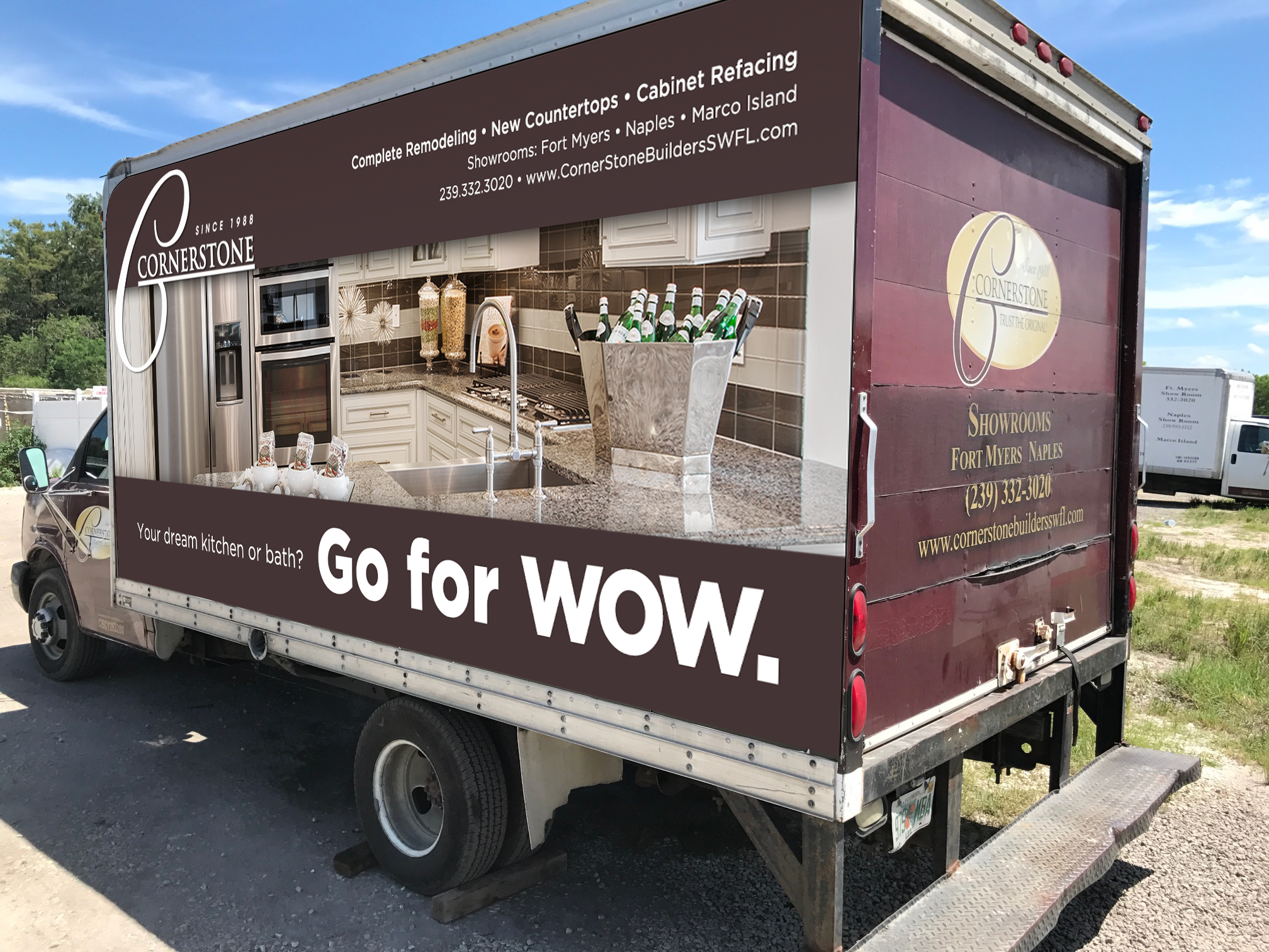 I'm really trying to get an honest feel for how this (or any of the designs) would look on the street. One thing for sure, my burgundy color is off, it's too brown. (It's hard to make out what it is from the photographs. If there's any chance Tyler could call the truck wrap people who did the trucks and ask them... what exactly is that color #?) Also, I added a shadow behind the burgundy stripes, which makes it look like that kitchen is actually there, like you could walk into it. Like it's IN the truck.