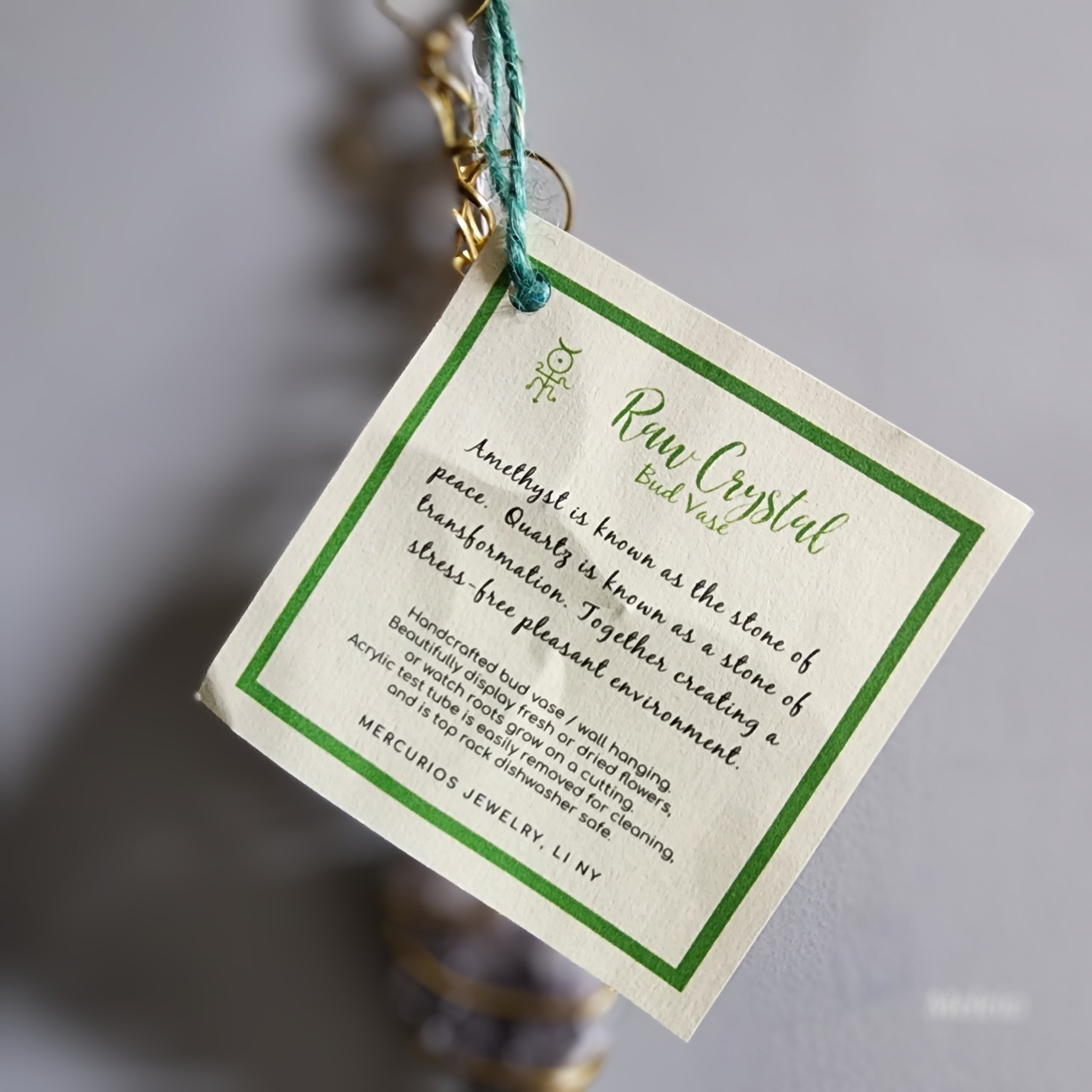raw amethyst bud vase hangtag