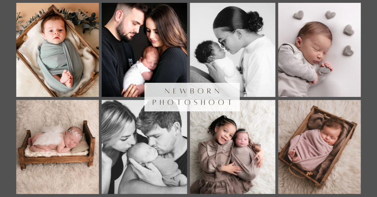 Collage of eight newborn photos including babies sleeping, being held by parents, and lying on soft surfaces with decorative elements.
