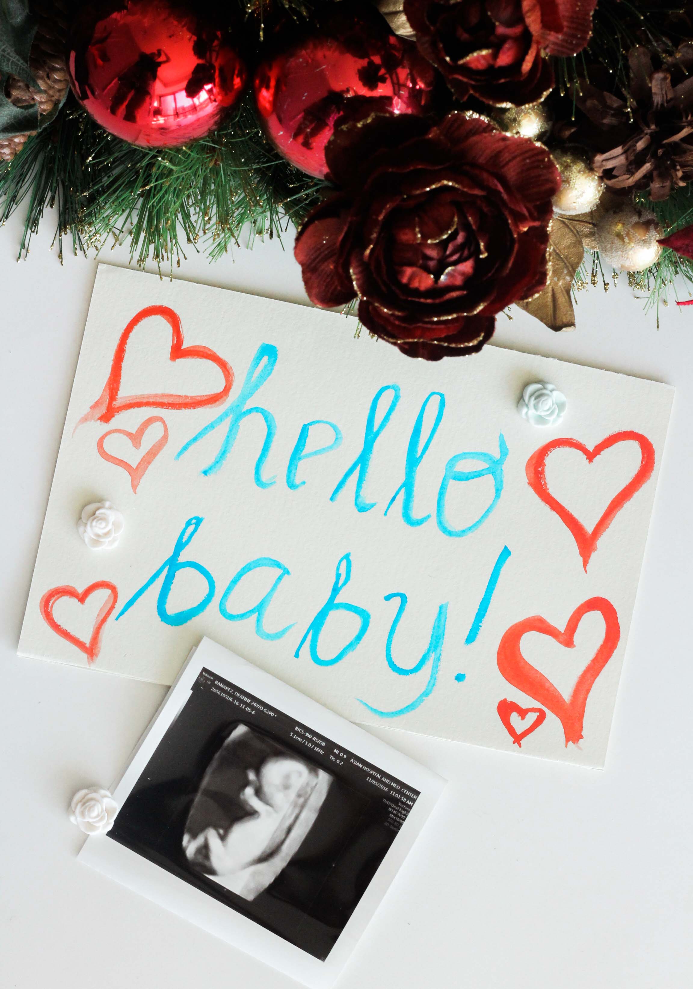 I painted these flash cards the day I found out I was pregnant ( I was probably only 2 weeks then). In the bottom photo is an ultrasound shot of our baby at 3 months. 