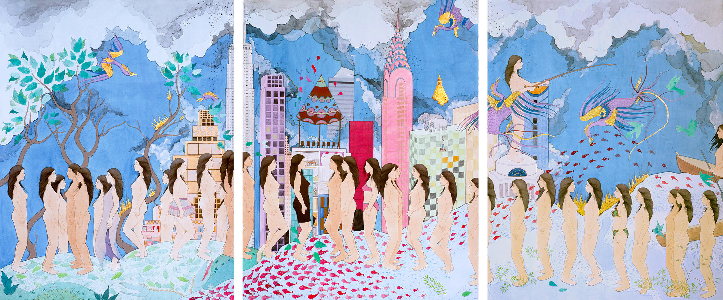My Selves 2012 Tea, gold leaf, collage, gouache and watercolour on wasli (3) 27 x 21 in.