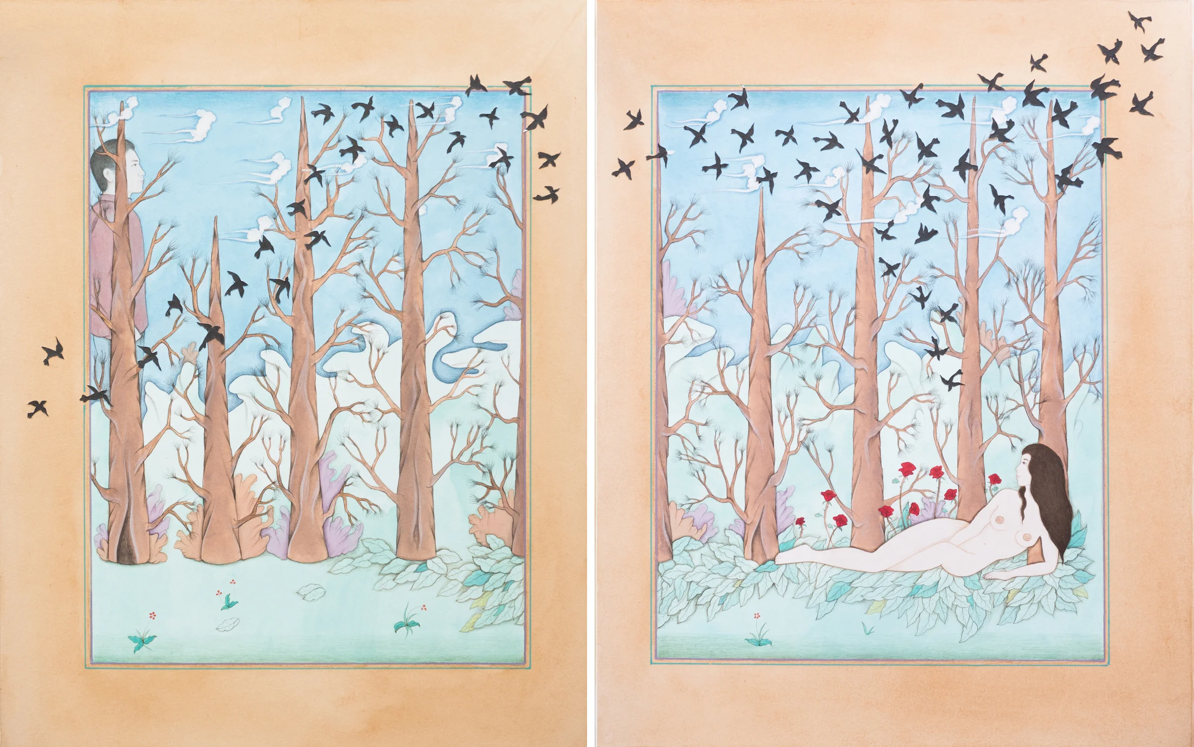 Waiting 2013 Tea, collage, gouache and watercolour on wasli (2) 13 x 10 in.