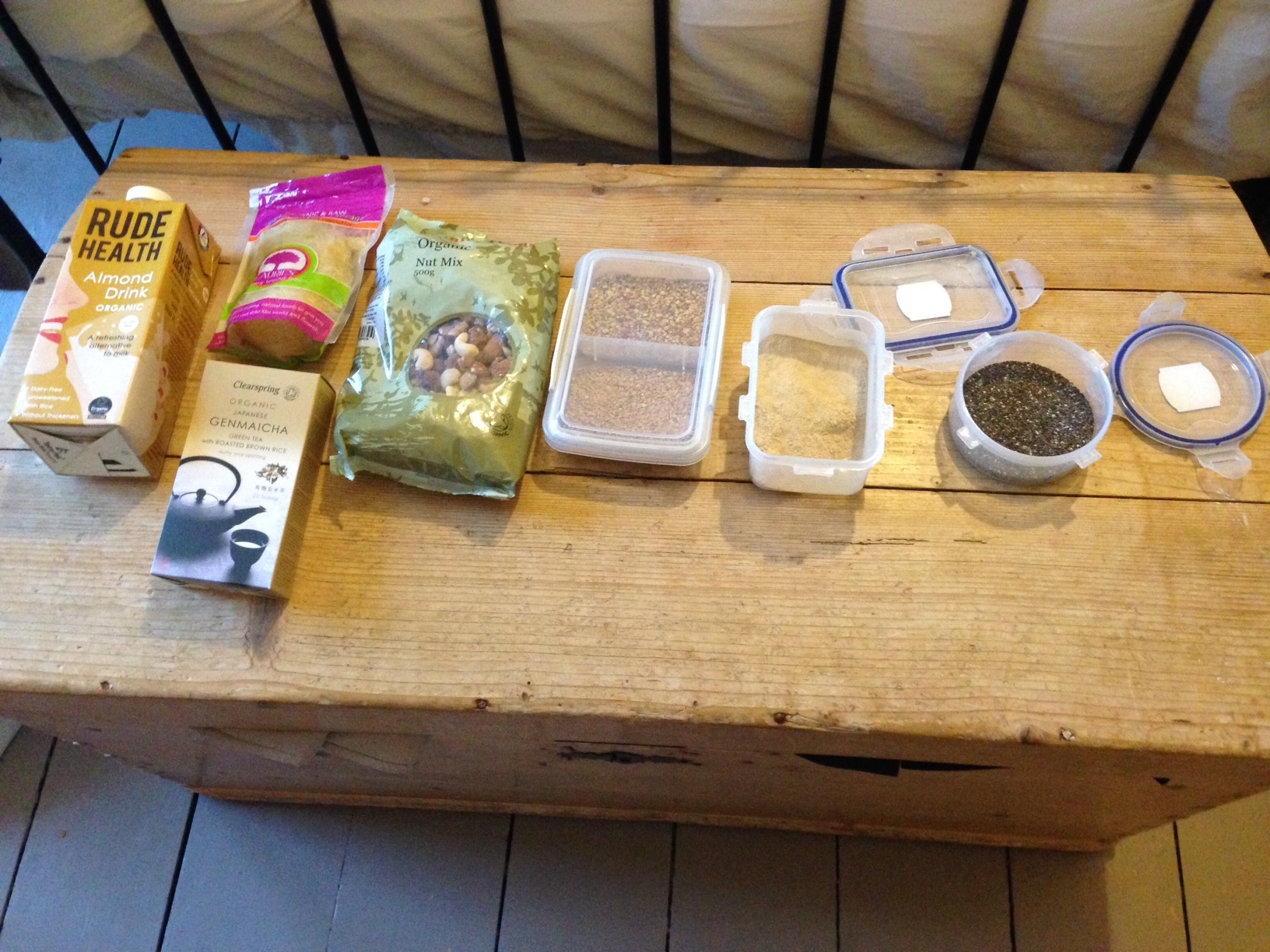 Super foods chia seeds bee polen green tea almond milk sauerkraut and ashtanga powder