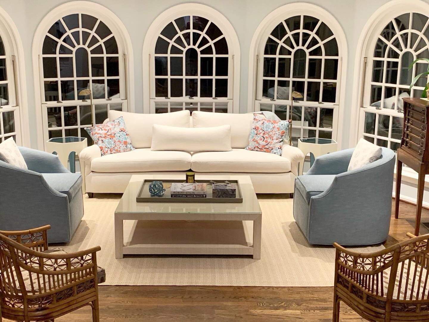 We love when clients send us pictures of their beautiful spaces being enjoyed- like this serene sunroom at night before it&rsquo;s first house party! #KTIALX #kristintryinteriors #extraordinaryalx #maketheeverydayextraordinary #sunroom #interiordesig