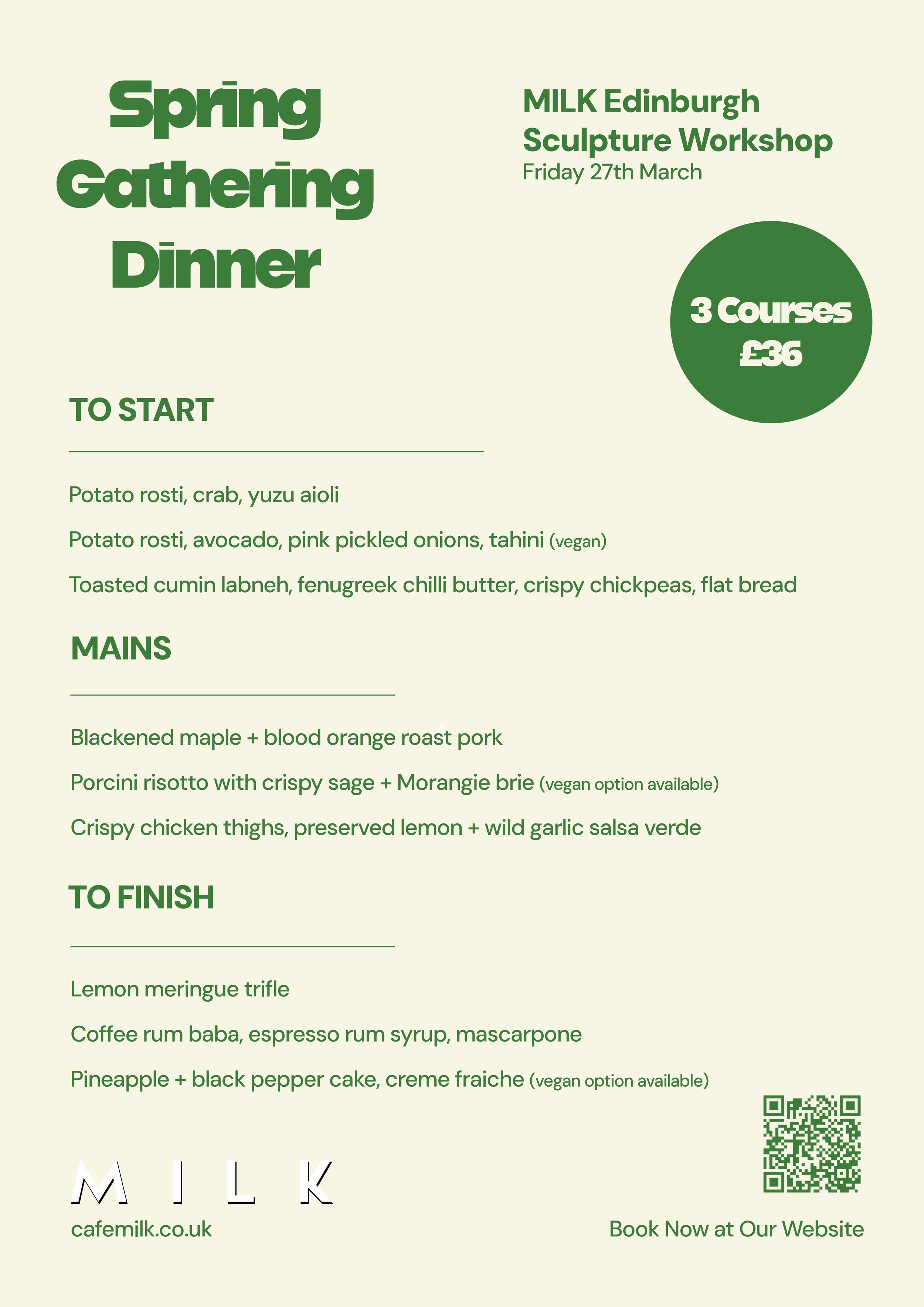 Menu for MILK Spring Gathering Dinner Edinburgh Sculpture Workshop 27th March