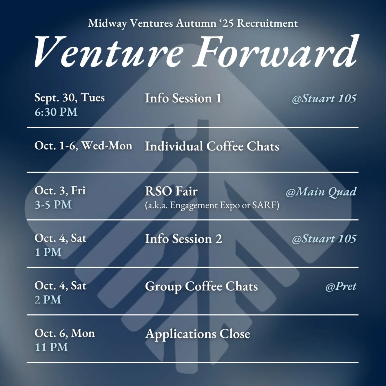 Happy FDOC 🥳

Midway Ventures is excited to share our Autumn '25 Recruitment Timeline!

Please feel free to RSVP to our first Info Session tomorrow through the Luma link in our bio. The Coffee Chat Sign-Up Sheet and the Written Application are also 