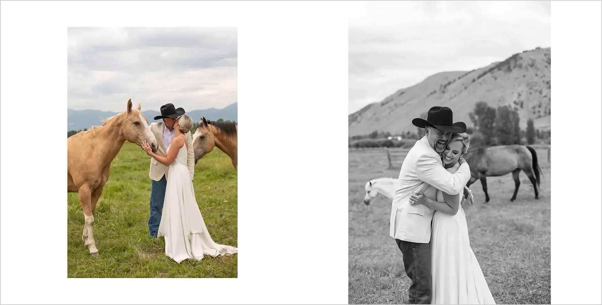 Happy bride and groom with horse