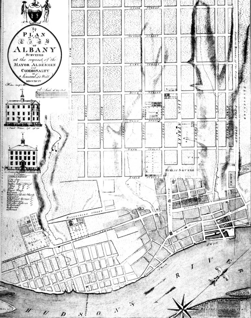 Simeon DeWitt's plan of 1794. The archaeological investigation took place west of the area labeled Schuyler in the lower left section of the map.