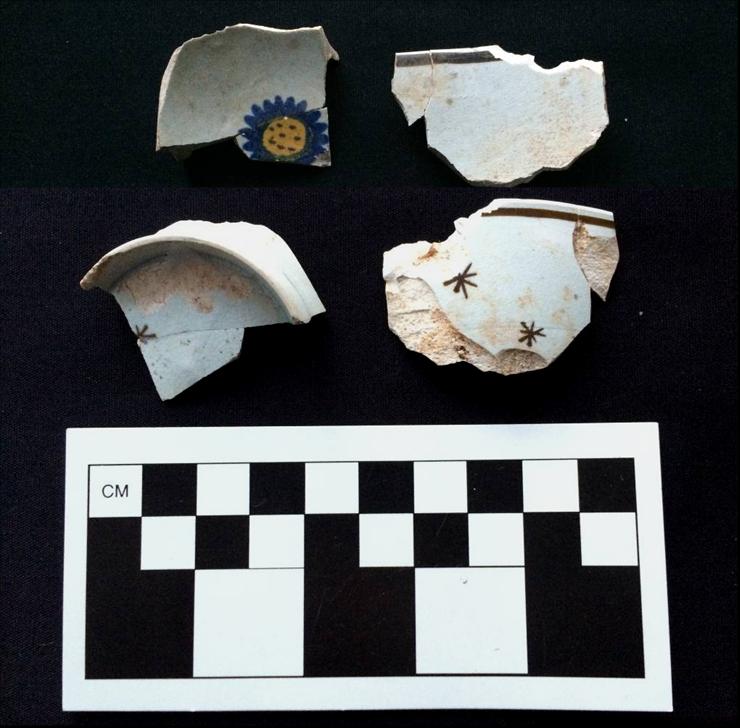 This hand-painted pearlware was found at 70 Broad Street. This kind of ceramic was widely used during the early 19th century. 