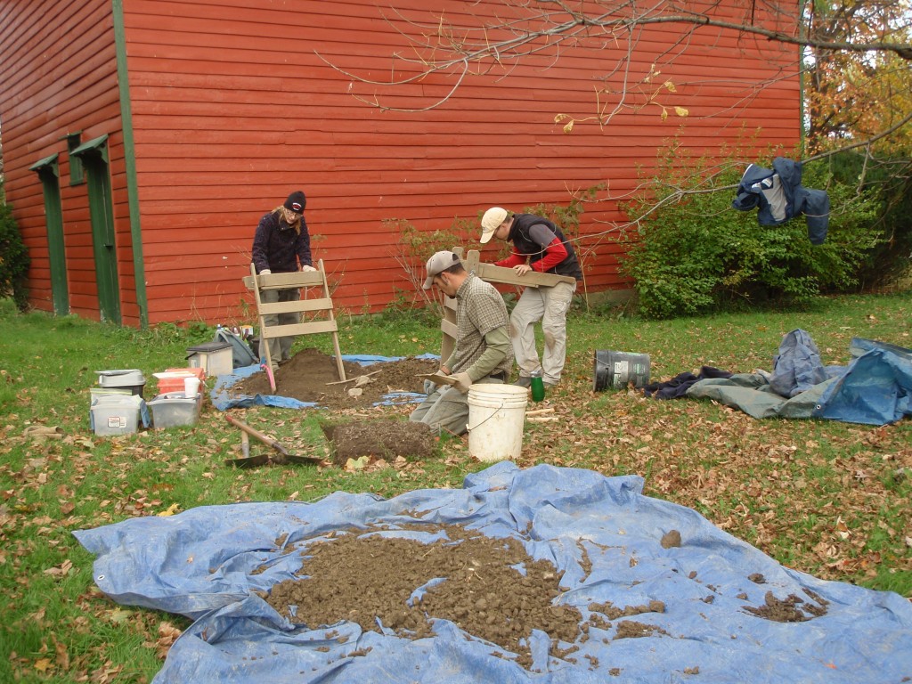 Phase 2 fieldwork: Sarah Vidulich, Jon Vidulich, and Andrew Farry working in the Shafer midden east of the old farmhouse's cellar hole.