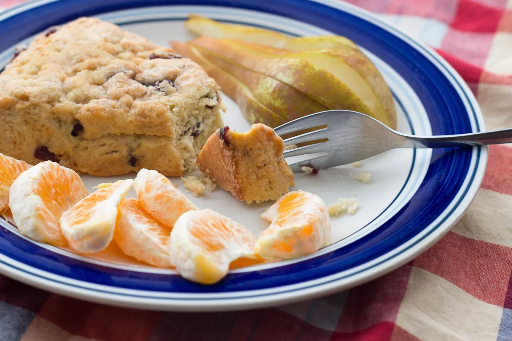 Vegan cranberry scone with satsuma mandarin and bosc pear
