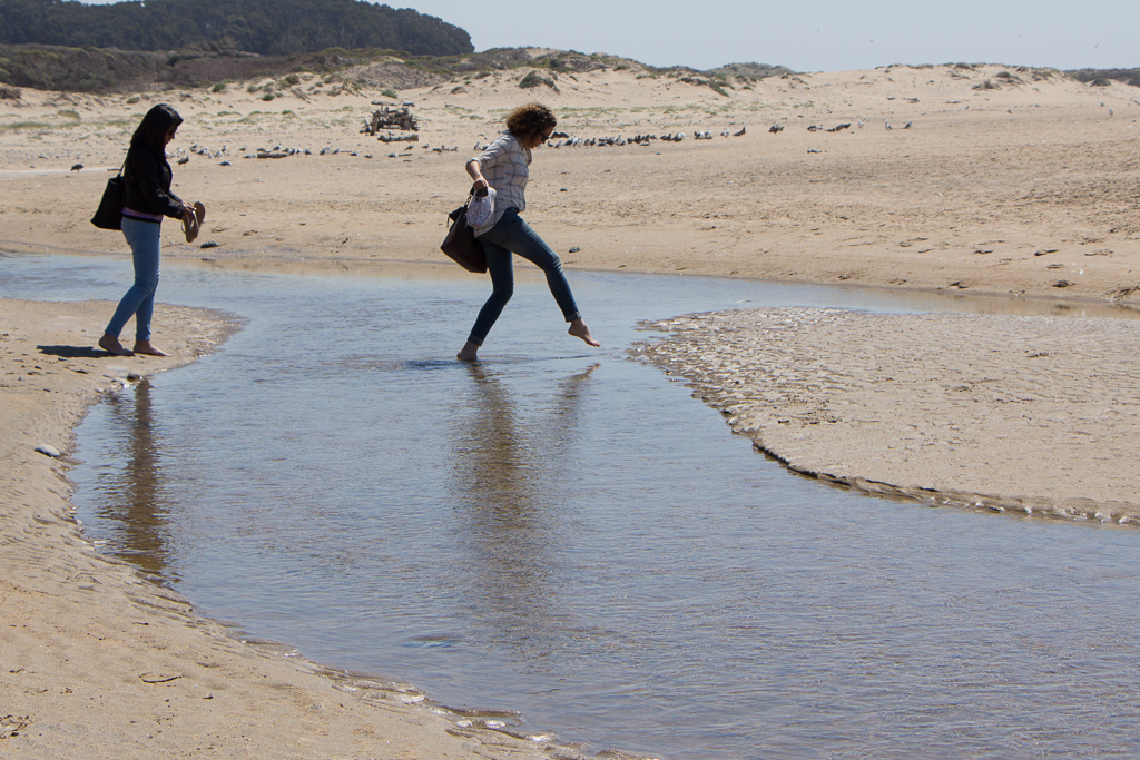 Left to right: Alex and Kaitlyn make their way across a little beach stream at Año Nuevo State Park.