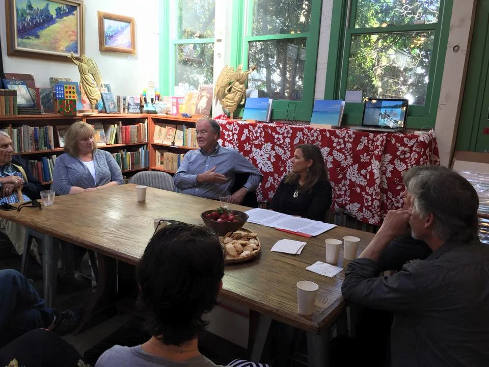 Book reading at Old Capital Books in Monterey, California. Special guest Congressman Sam Farr (center left) with author Sally-Christine Rodgers (center right) photo by Michael Sutton