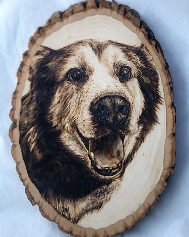 Frank, 7&rdquo; x 11&rdquo;, hand-burned on basswood 
The sweet siblings who commissioned this custom woodburning for their sister &amp; bro-in-law were thoughtful enough to capture the unwrapping and share it with me (2nd pic). Seeing reactions to m