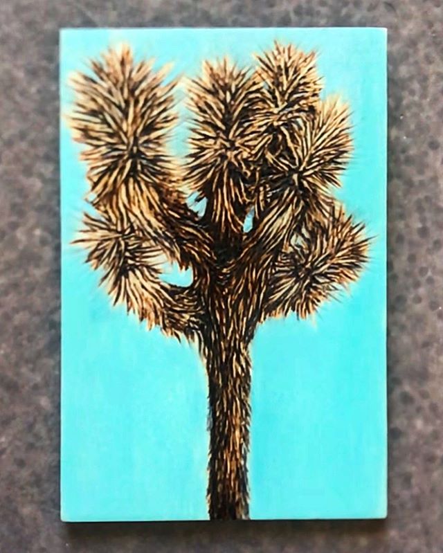 Joshua Tree, 4&rdquo; x 6&rdquo; woodburned with a minty fresh acrylic backdrop