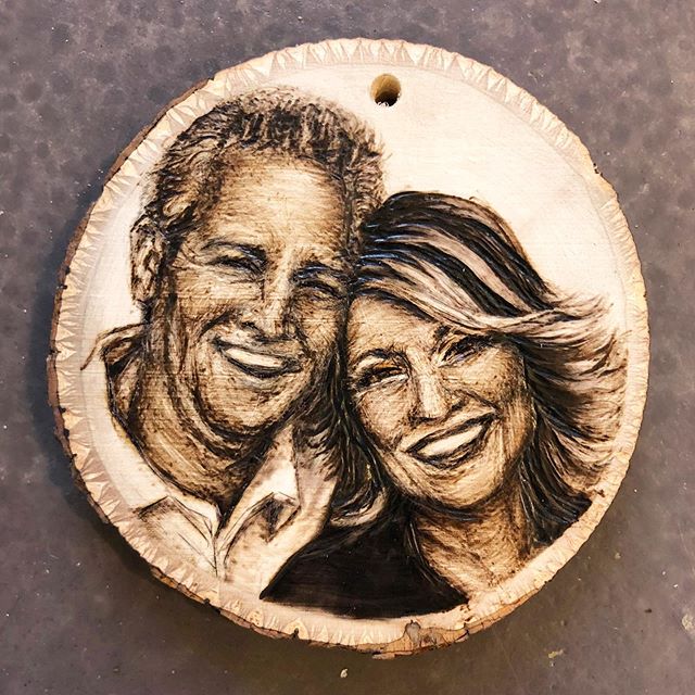 4 inches of cute couple, an un-strung custom ornament. Handburned on a basswood branch round 🔥