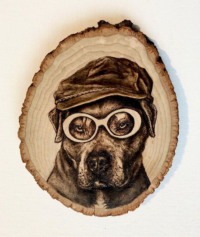 &ldquo;I&rsquo;m not one of those who can easily hide&rdquo; 
This huge pit bull as Elton John is one of my favorite pyrography pieces of the year, maybe the century. Hand-burned on basswood, 5&rdquo; x 7&rdquo;