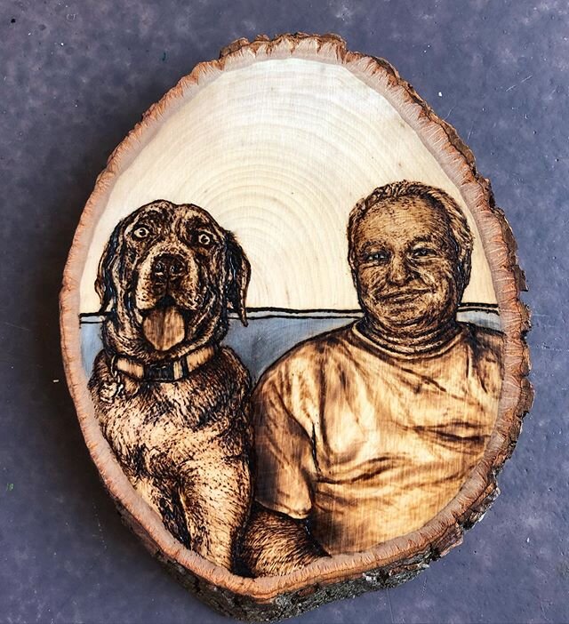 My dad and his hippo-dog, Rocky. ~5&rdquo; x 7&rdquo;, burned and water colored on basswood
