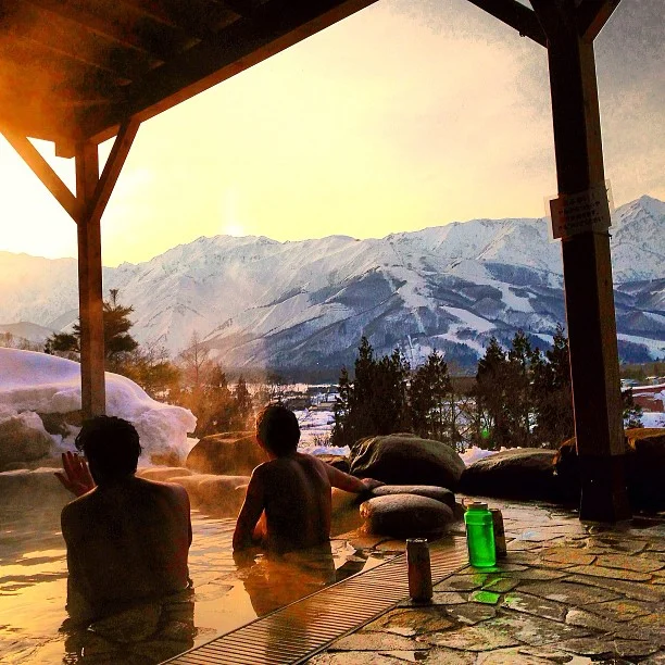 View of Japanese Alps form onsen across Hakuba Valley