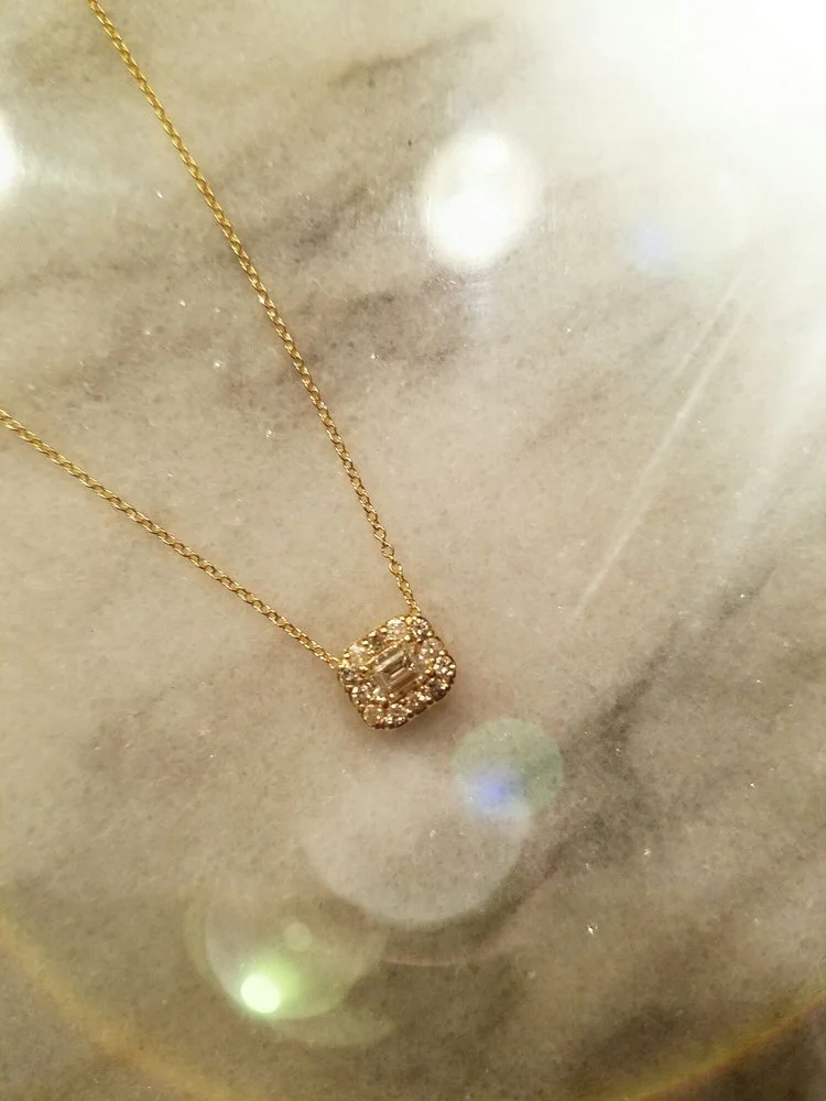 Emerald Cut Halo Necklace