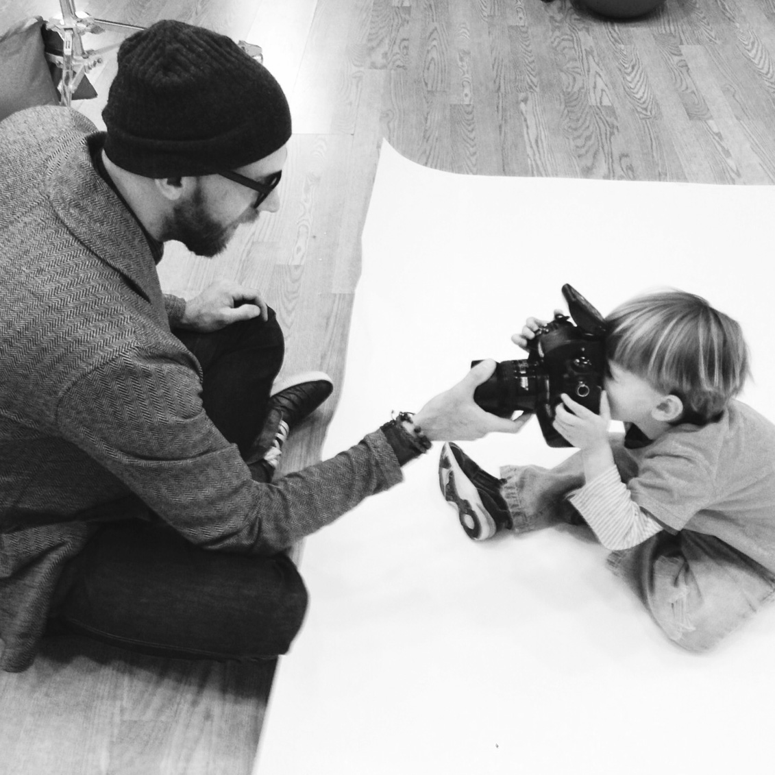 Tim Coburn with his son on set.