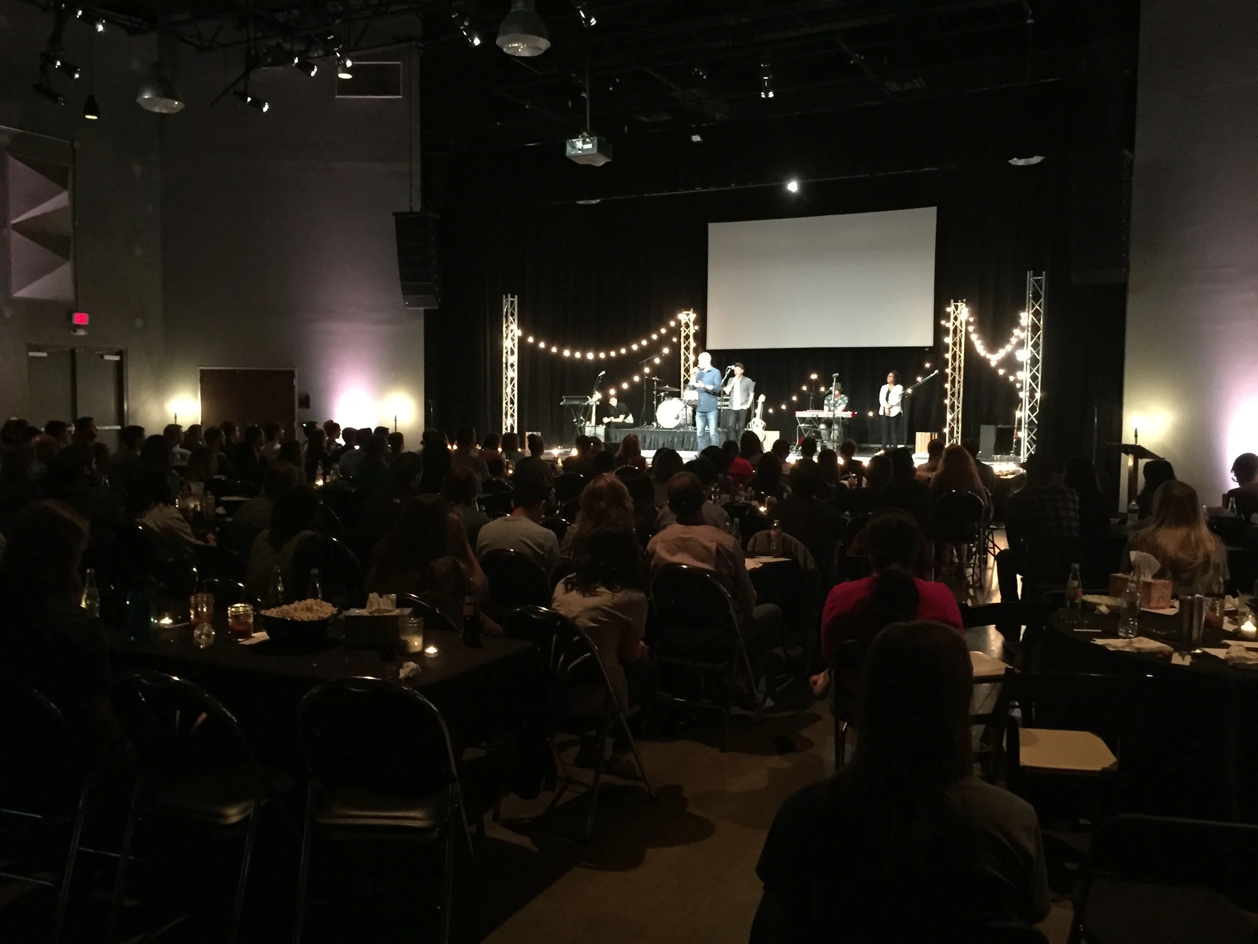 This is during our monthly Worship Collective. These nights are a way for our entire worship, production and Story Team ministry from all 5 campuses to gather together to eat, fellowship and worship together. Some of my favorite nights of the month! 